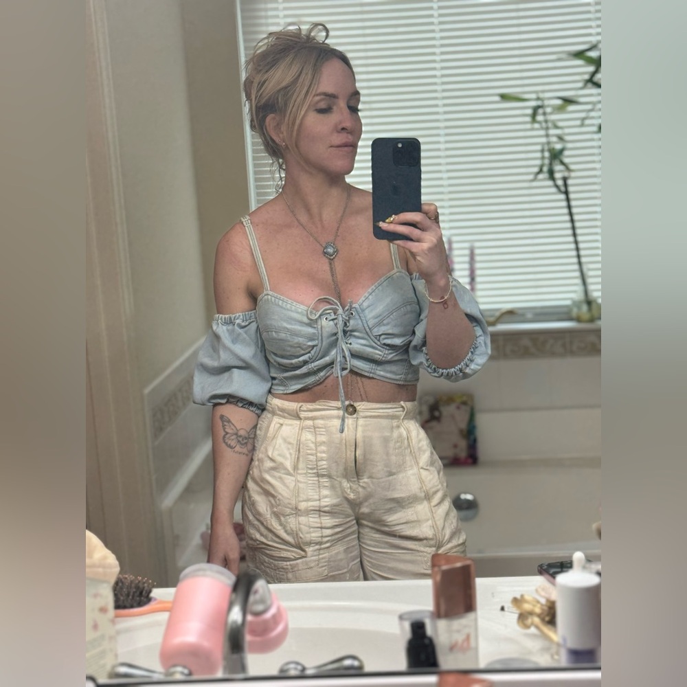 Light Blue Off-Shoulder Lace-Up Crop Top